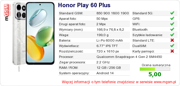 Dane telefonu Honor Play 60 Plus