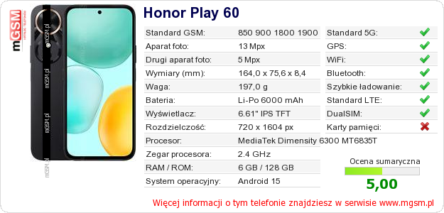 Dane telefonu Honor Play 60