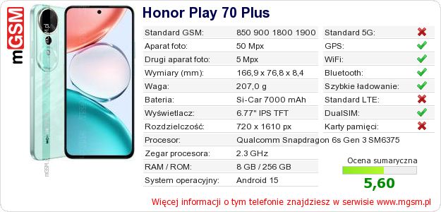 Dane telefonu Honor Play 70 Plus Dane telefonu Honor Play 70 Plus