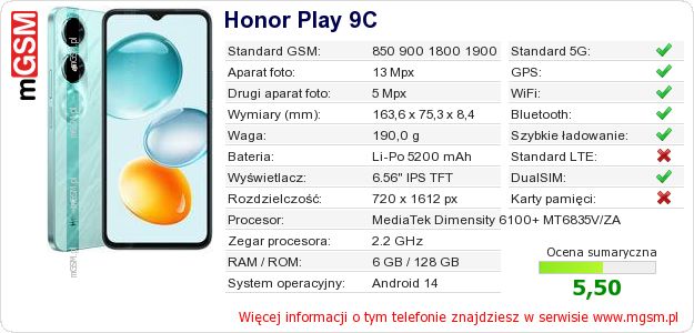Dane telefonu Honor Play 9C Dane telefonu Honor Play 9C