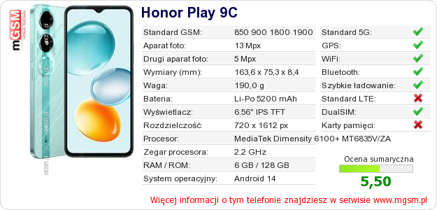 Dane telefonu Honor Play 9C