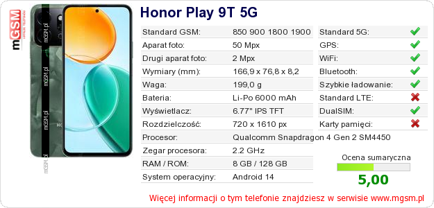 Dane telefonu Honor Play 9T 5G