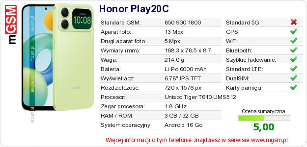 Dane telefonu Honor Play20C Dane telefonu Honor Play20C