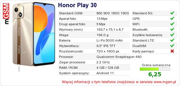 Dane telefonu Honor Play 30