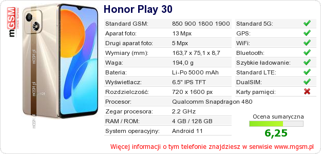 Dane telefonu Honor Play 30