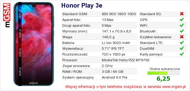 Dane telefonu Honor Play 3e Dane telefonu Honor Play 3e