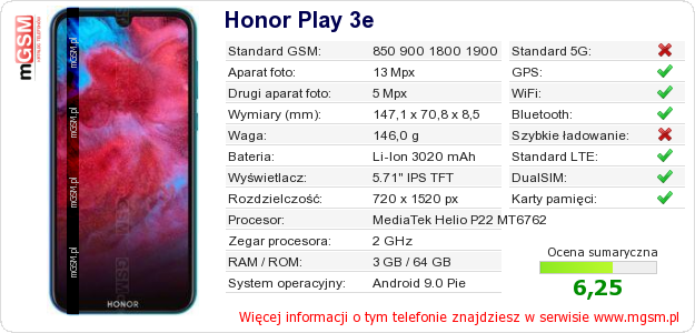 Dane telefonu Honor Play 3e