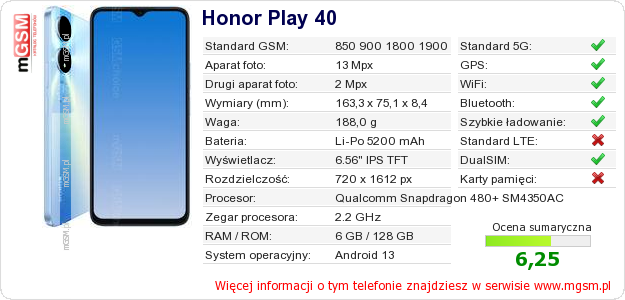 Dane telefonu Honor Play 40