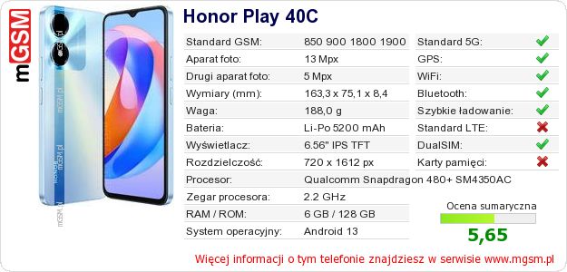 Dane telefonu Honor Play 40C