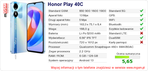 Dane telefonu Honor Play 40C