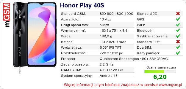 Dane telefonu Honor Play 40S Dane telefonu Honor Play 40S