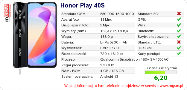 Dane telefonu Honor Play 40S Dane telefonu Honor Play 40S