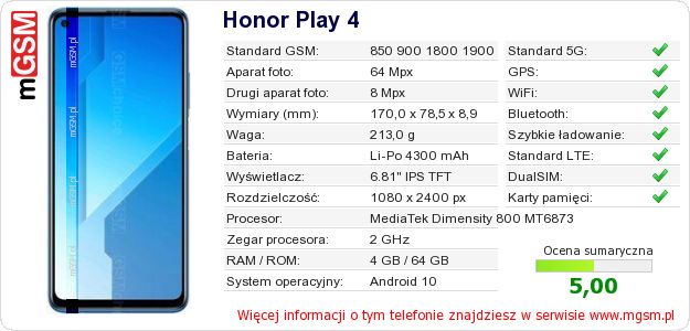 Dane telefonu Honor Play 4