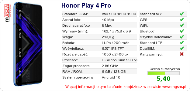 Dane telefonu Honor Play 4 Pro