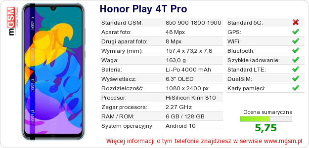 Dane telefonu Honor Play 4T Pro