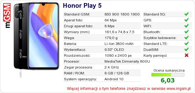 Dane telefonu Honor Play 5