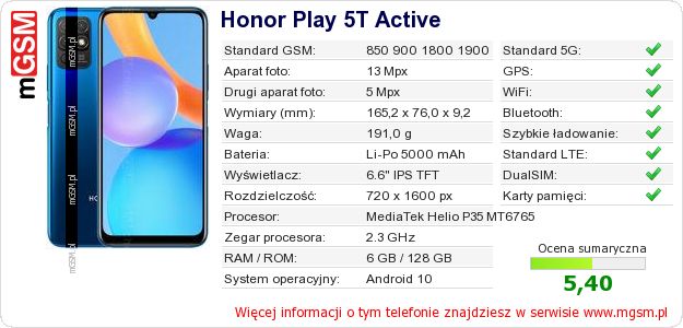 Dane telefonu Honor Play 5T Active