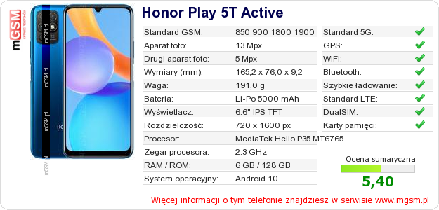 Dane telefonu Honor Play 5T Active