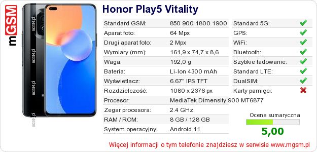 Dane telefonu Honor Play5 Vitality Dane telefonu Honor Play5 Vitality