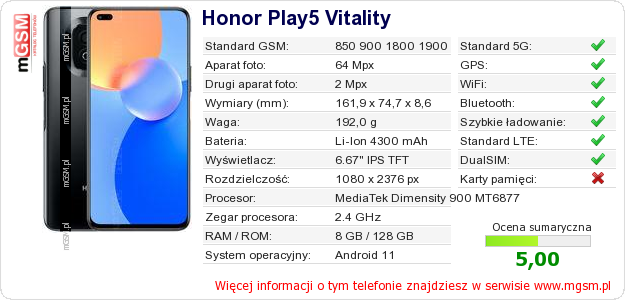 Dane telefonu Honor Play5 Vitality