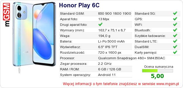 Dane telefonu Honor Play 6C Dane telefonu Honor Play 6C