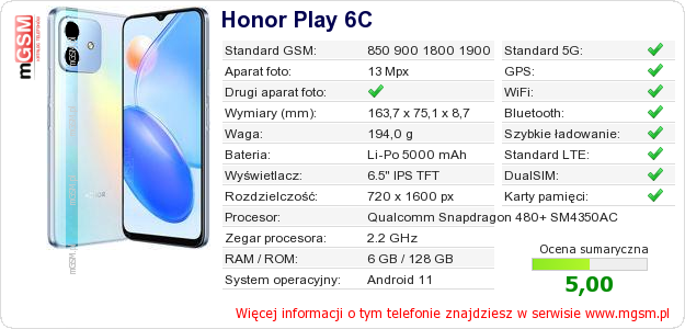 Dane telefonu Honor Play 6C