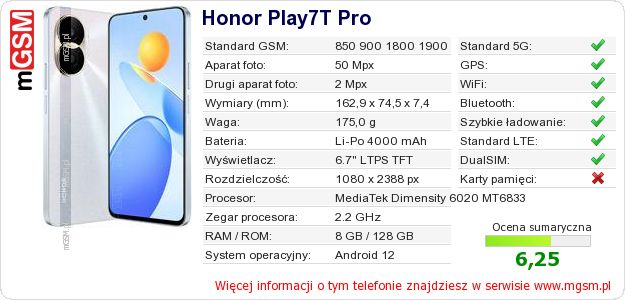 Dane telefonu Honor Play7T Pro