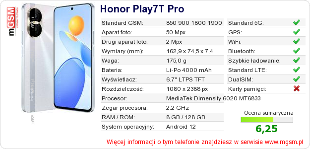 Dane telefonu Honor Play7T Pro
