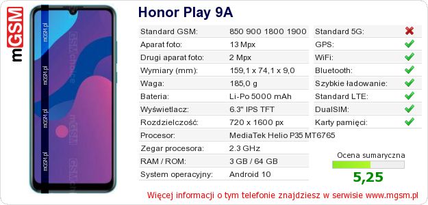 Dane telefonu Honor Play 9A Dane telefonu Honor Play 9A