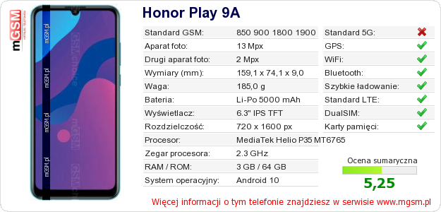 Dane telefonu Honor Play 9A Dane telefonu Honor Play 9A