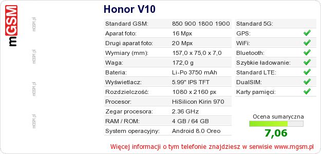 Dane telefonu Honor V10 Dane telefonu Honor V10