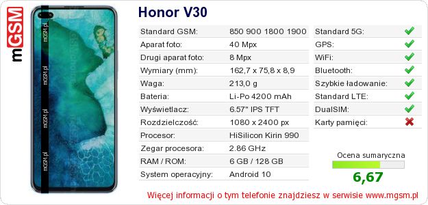 Dane telefonu Honor V30 Dane telefonu Honor V30