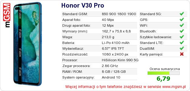 Dane telefonu Honor V30 Pro Dane telefonu Honor V30 Pro