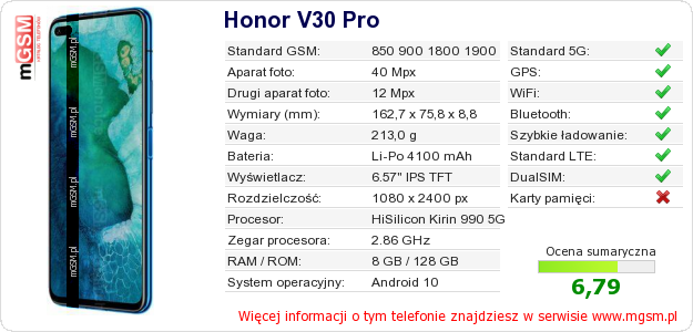 Dane telefonu Honor V30 Pro