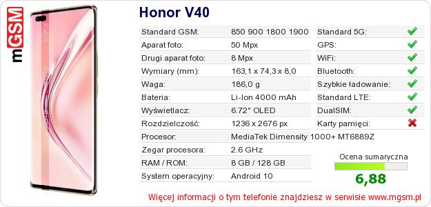 Dane telefonu Honor V40