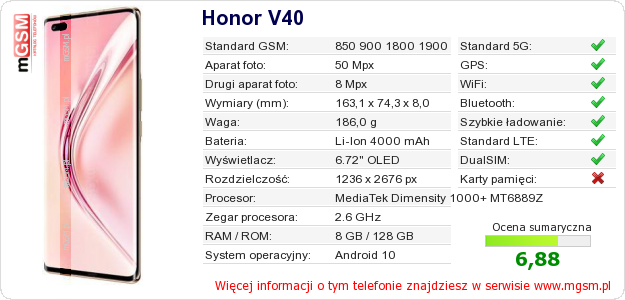 Dane telefonu Honor V40