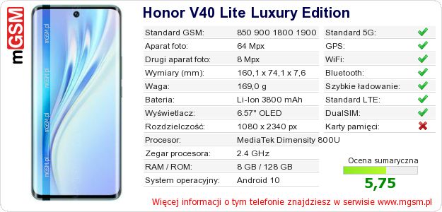 Dane telefonu Honor V40 Lite Luxury Edition Dane telefonu Honor V40 Lite Luxury Edition