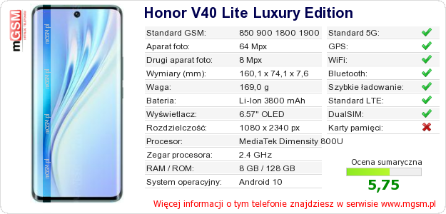 Dane telefonu Honor V40 Lite Luxury Edition Dane telefonu Honor V40 Lite Luxury Edition