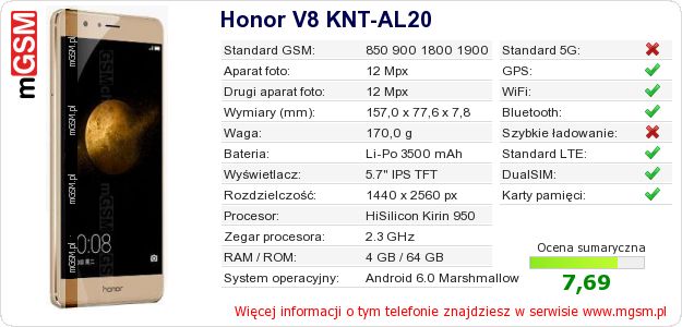 Dane telefonu Honor V8 KNT-AL20 Dane telefonu Honor V8 KNT-AL20