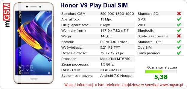 Dane telefonu Honor V9 Play Dual SIM