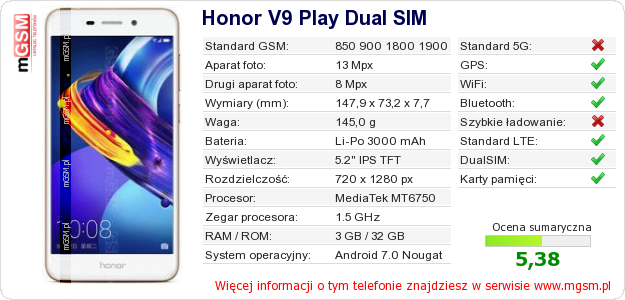 Dane telefonu Honor V9 Play Dual SIM