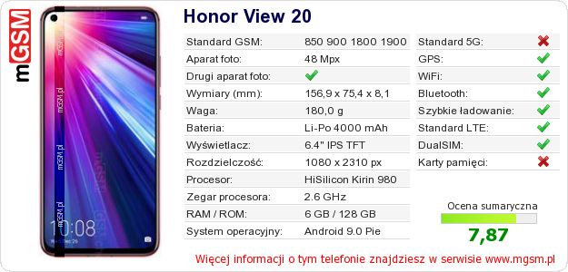 Dane telefonu Honor View 20