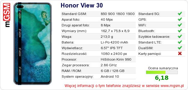 Dane telefonu Honor View 30 Dane telefonu Honor View 30