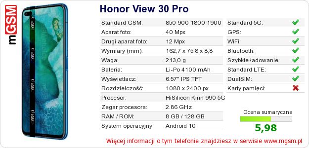 Dane telefonu Honor View 30 Pro Dane telefonu Honor View 30 Pro