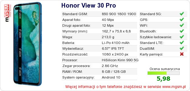 Dane telefonu Honor View 30 Pro Dane telefonu Honor View 30 Pro