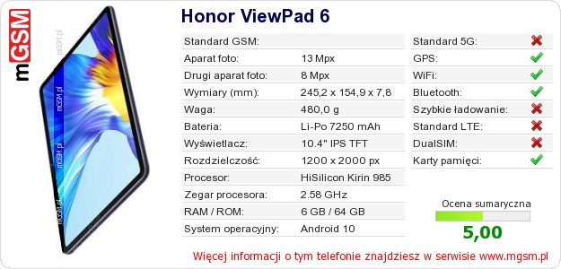 Dane telefonu Honor ViewPad 6 Dane telefonu Honor ViewPad 6