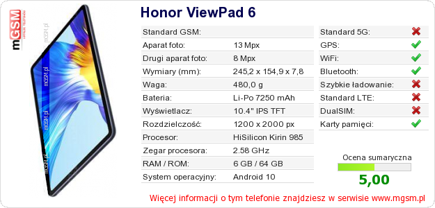 Dane telefonu Honor ViewPad 6