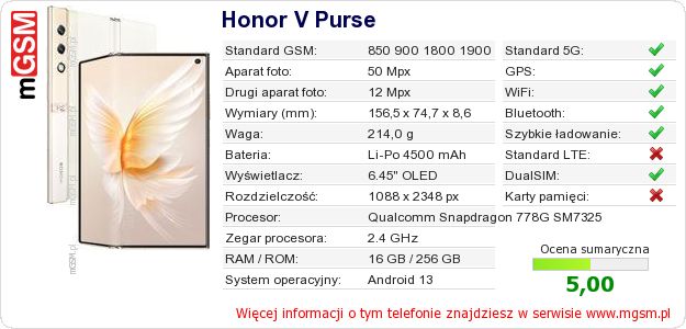 Dane telefonu Honor V Purse