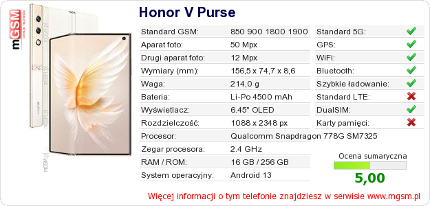 Dane telefonu Honor V Purse