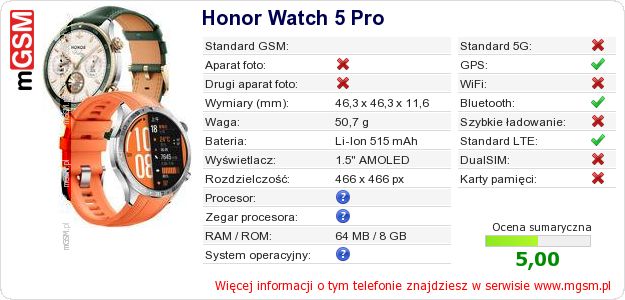 Dane telefonu Honor Watch 5 Pro
